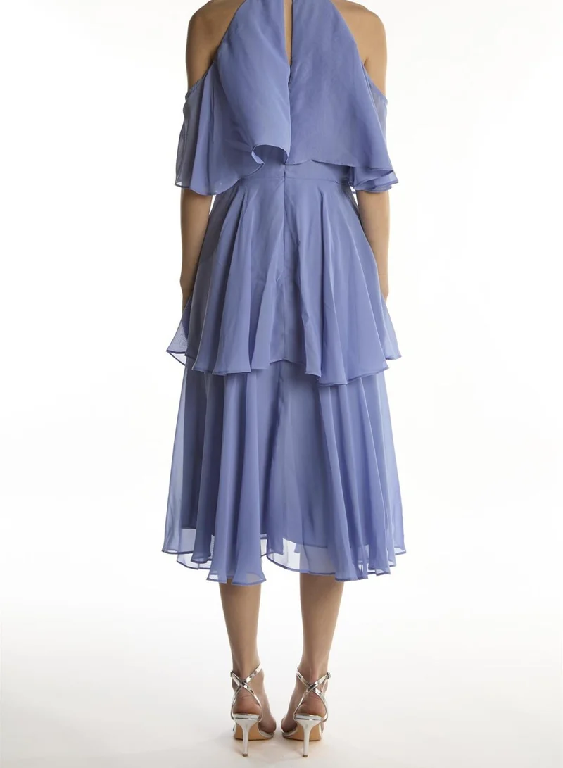 ترو ديكادينس Mid Blue High-Neck Ruffle Midi-Dress