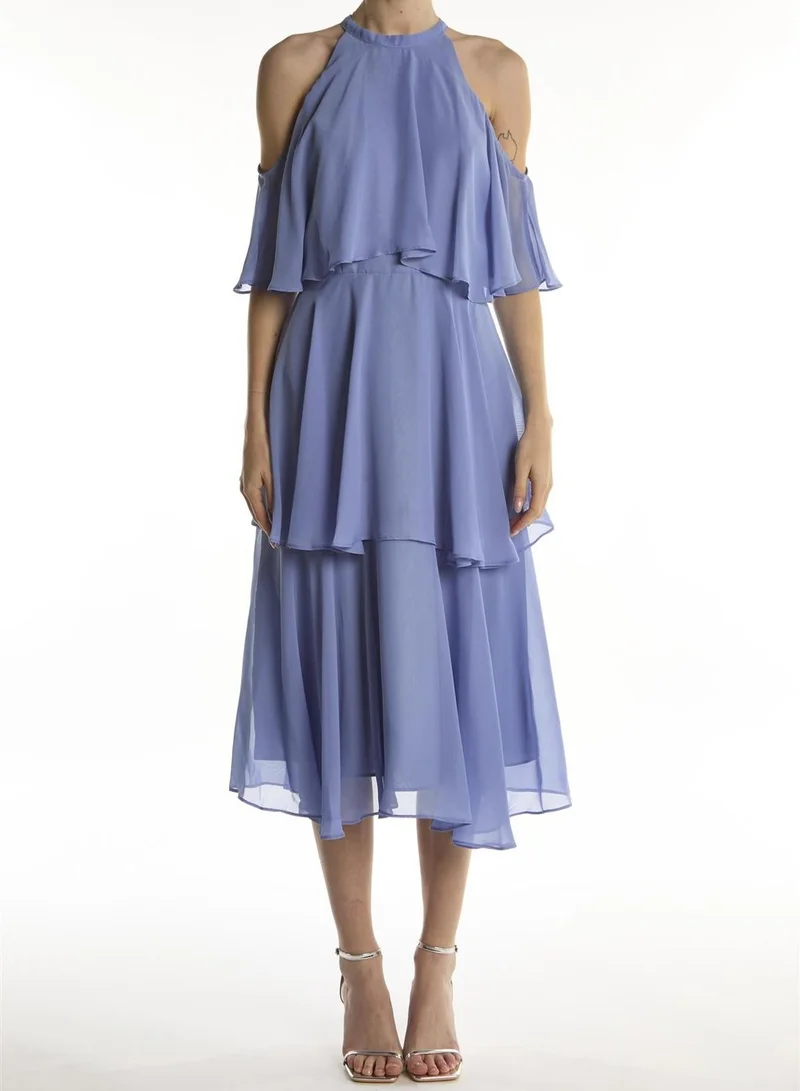 ترو ديكادينس Mid Blue High-Neck Ruffle Midi-Dress