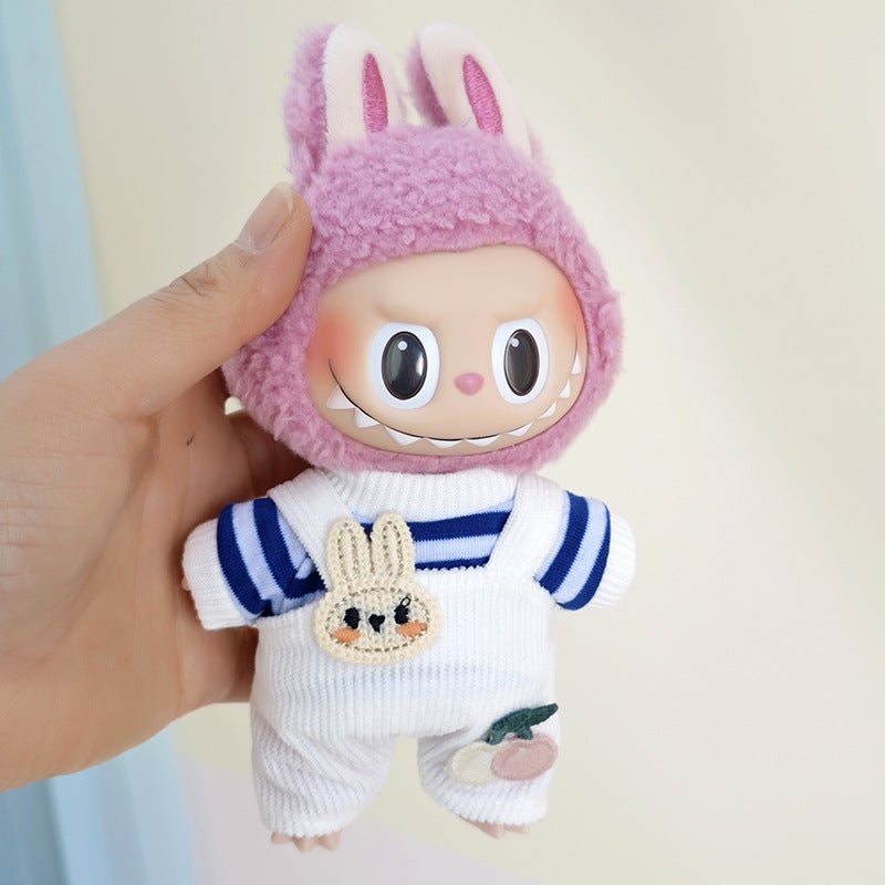 The suspenders are suit suitable for cloth pendant clothes to replace the 17cm Macaron vinyl Labubu doll clothes.(Blue T-shirt white corduroy suspenders [without baby], Suitable for 17cm pull cloth pendant) - Image 1