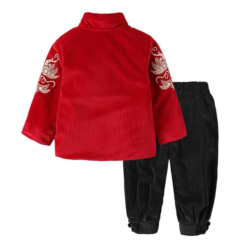 Mud Kingdom Traditional Little Boy Winter Outfits Tang Style Chinese New Year Suit Fleece Red 5T - Image 2