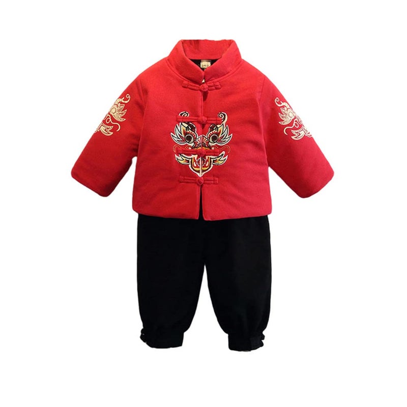 Mud Kingdom Traditional Little Boy Winter Outfits Tang Style Chinese New Year Suit Fleece Red 5T - Image 1