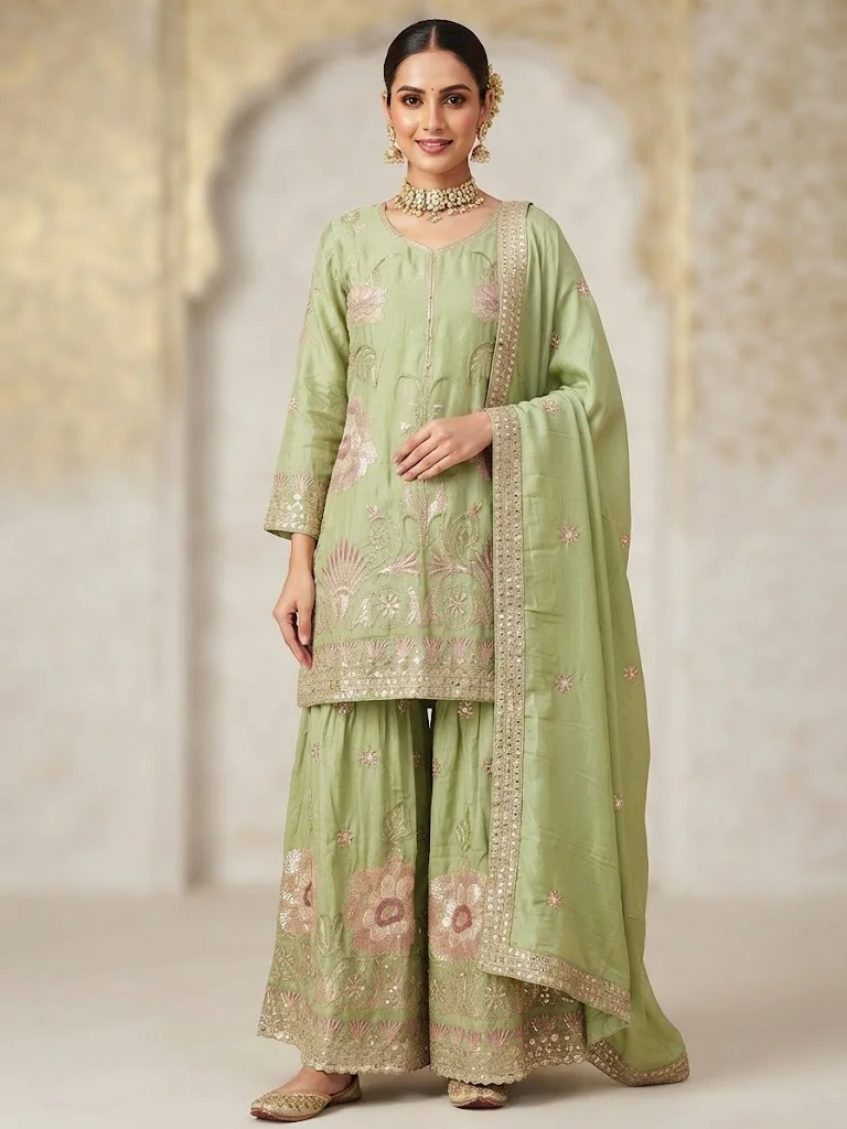 Viny VINY Pistachio 3-Piece Embroidered Kurta Sharara Set – Women's Indian Ethnic Wear