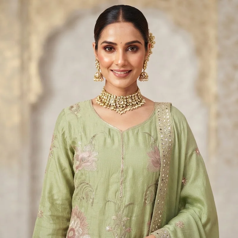 Viny VINY Pistachio 3-Piece Embroidered Kurta Sharara Set – Women's Indian Ethnic Wear