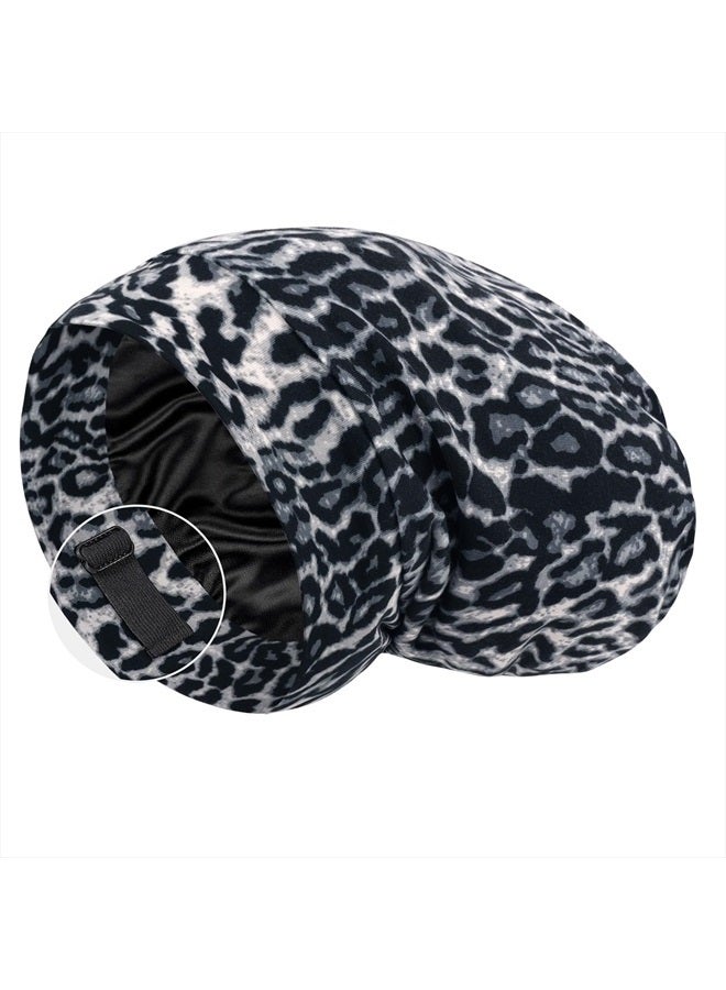 LULUSILK 100% Mulberry Silk Lined Sleep Cap Silk Bonnet for Sleeping, No More Frizzy Tangled Hair, Stay On All Night Adjustable Silk Hair Wrap for Sleeping, Black Leopard, Pack of 1 - Image 1