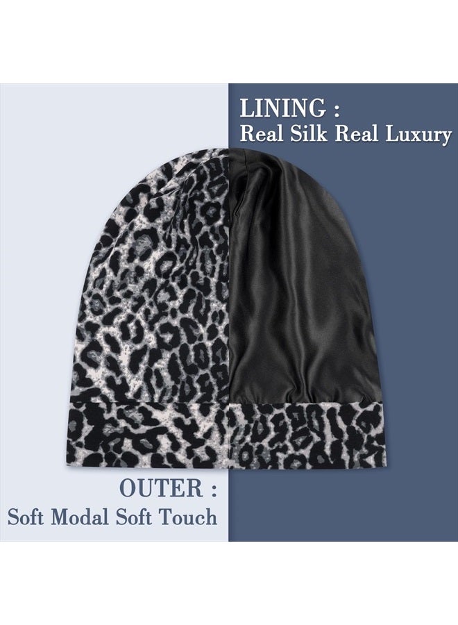 LULUSILK 100% Mulberry Silk Lined Sleep Cap Silk Bonnet for Sleeping, No More Frizzy Tangled Hair, Stay On All Night Adjustable Silk Hair Wrap for Sleeping, Black Leopard, Pack of 1 - Image 2