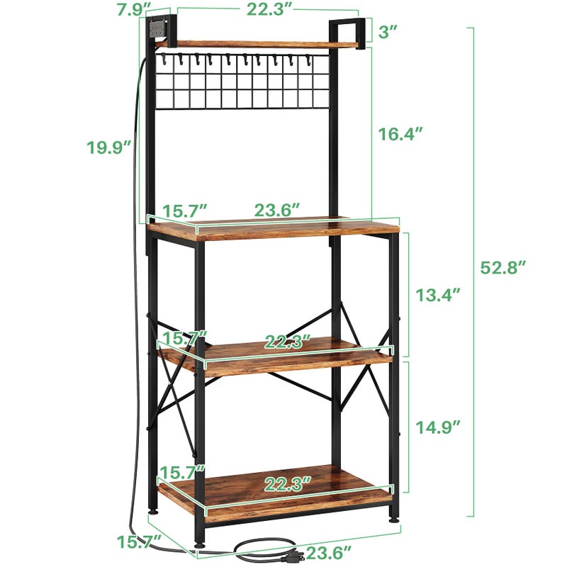 SNTD Bakers Rack with Power Outlet, Kitchen Shelves Microwave Stand with Wire Grid and 10 Hooks, 4 Tiers Coffee Stand (Rustic Brown, 23.5 x 15.6 x 52.8 Inches) - Image 2