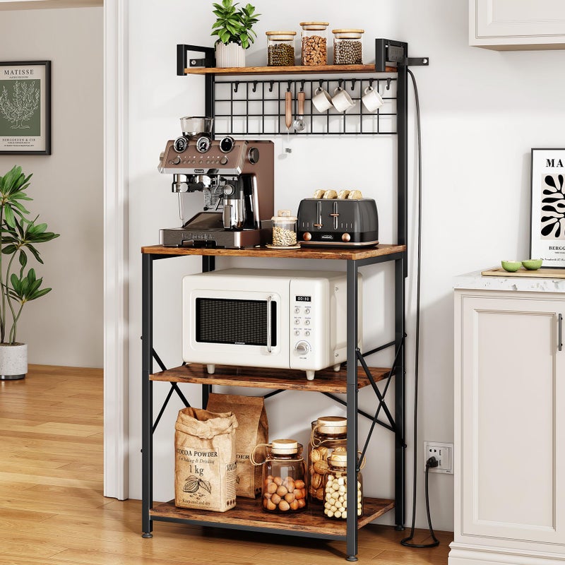 SNTD Bakers Rack with Power Outlet, Kitchen Shelves Microwave Stand with Wire Grid and 10 Hooks, 4 Tiers Coffee Stand (Rustic Brown, 23.5 x 15.6 x 52.8 Inches) - Image 1