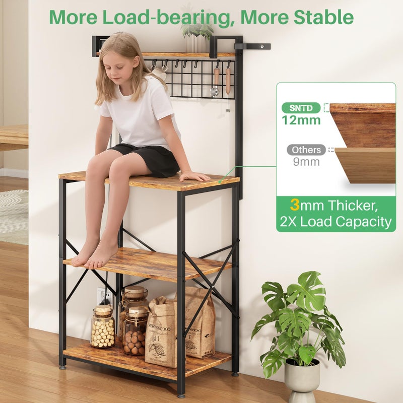 SNTD Bakers Rack with Power Outlet, Kitchen Shelves Microwave Stand with Wire Grid and 10 Hooks, 4 Tiers Coffee Stand (Rustic Brown, 23.5 x 15.6 x 52.8 Inches) - Image 5