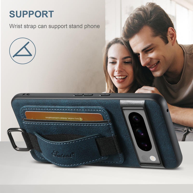 Suteni For Google Pixel 9 Pro H13 Litchi Leather Wrist Strap Wallet Back Phone Case(Blue) - Image 2