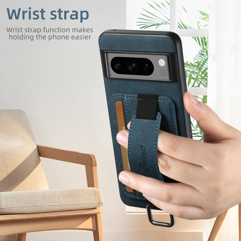 Suteni For Google Pixel 9 Pro H13 Litchi Leather Wrist Strap Wallet Back Phone Case(Blue) - Image 3