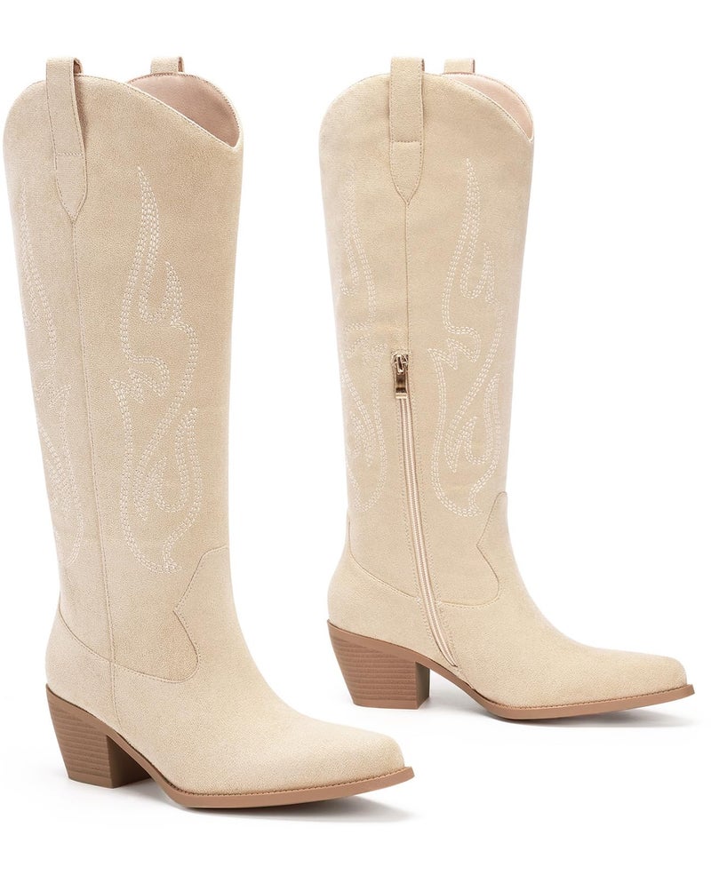 Pasuot Western Cowboy Boots for Women - Knee High Wide Calf Cowgirl Boots, Slip On Pointed Toe Chunky Heel Fashion Retro Classic Pull On Tall Boot for ladies Party concert Beige Suede US 7.5 - Image 4