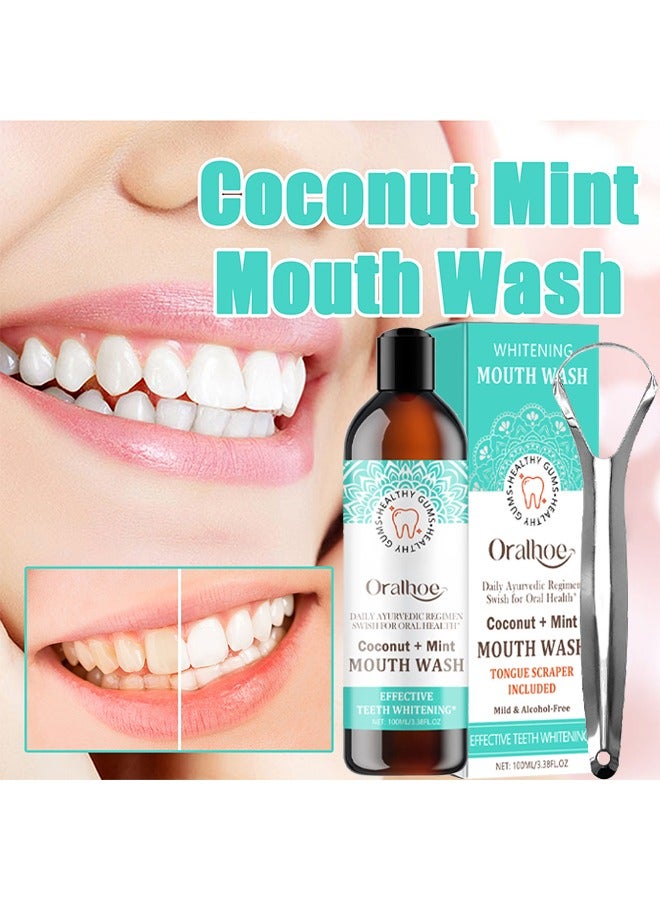 ORALHOE Whitening Mouth Wash,Coconut & Peppermint Oil with Tongue Scraper Inside the Box - Natural, Alcohol Free Mouthwash to Help With Fresh Breath, Teeth Whitening and Healthier Teeth & Gums 100ml - Image 1