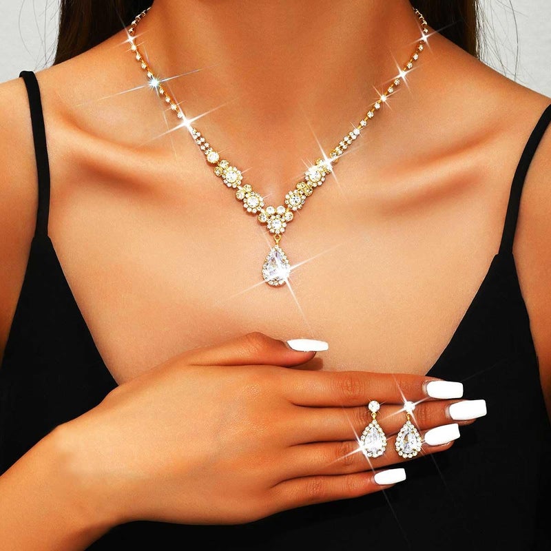 Unicra Gold Bridal Necklace Earrings Set Rhinestone Wedding Jewelry Sets Diamond Costume Jewelry for Women and Brides - Image 3