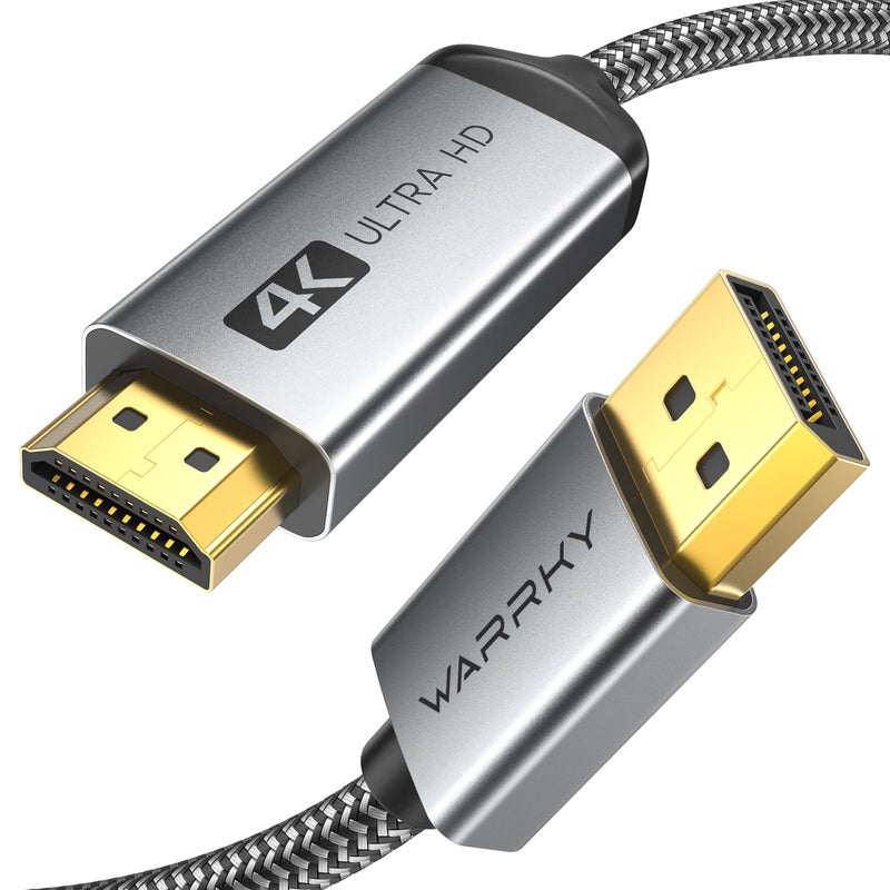 Warrky كابل WARRKY DisplayPort إلى HDMI [UHD، علبة معدنية، كابل نايلون] 6 أقدام، اتجاه واحد، Display Port 1.2 إلى شاشة HDMI 1.4، متوافق مع الكمبيوتر، NVIDIA، AMD، Dell، Lenovo، الشاشة - Image 1