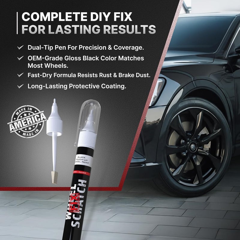 Wheel Scratch Fix ® Gloss Black Magic Car Scratch Remover Pen - Alloy Wheel Touch Up Paint Pen for Cars, Curb Rash Removal with Fast-Drying & Long-Lasting OEM Finish, Vehicles Rim Repair Paint for Chip (Universal Gloss Black Wheel Paint (Pen Only)) - Image 4