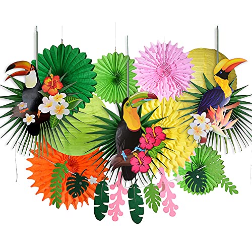 paper jazz Tropical Bird Toucan Leaf Garland Party Kit for Summer Hawaiian Luau Tiki Tropical Jungle Themed Party Decorations Luau Party Supplies Decor with Palm Leaves Paper Fan Paper Lanterns - Image 1