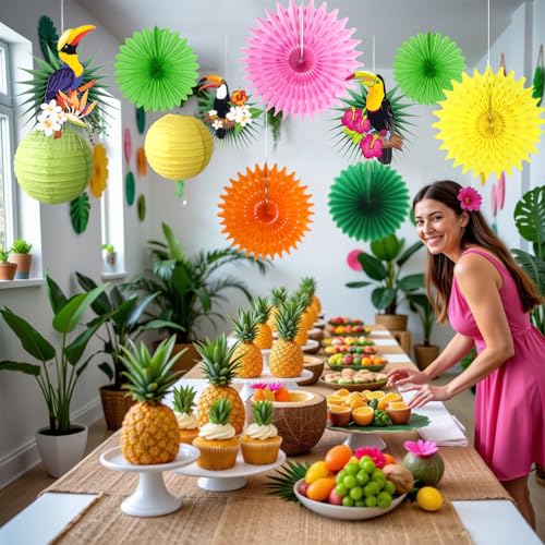 paper jazz Tropical Bird Toucan Leaf Garland Party Kit for Summer Hawaiian Luau Tiki Tropical Jungle Themed Party Decorations Luau Party Supplies Decor with Palm Leaves Paper Fan Paper Lanterns - Image 4
