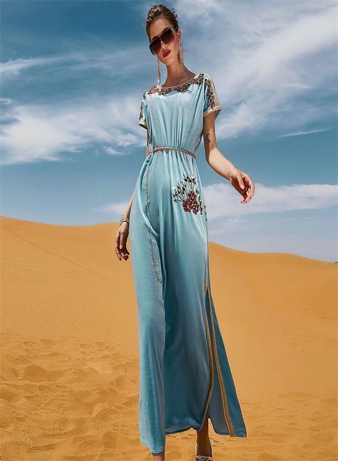 Loquat Hand-Stitched Diamond Dress Abaya Blue  - Image 1