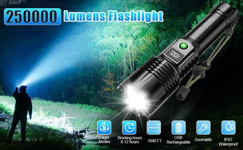 VPGS Rechargeable LED Flashlights 250000 High Lumens 5 Modes Zoomable Super Bright Flashlight Tactical Powerful IPX7 Waterproof Handheld Flash Light for Emergencies Hiking Camping - Image 2