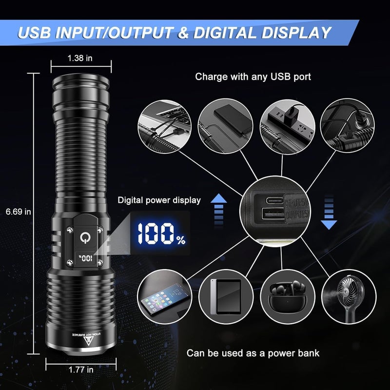 VPGS Rechargeable LED Flashlights 250000 High Lumens 5 Modes Zoomable Super Bright Flashlight Tactical Powerful IPX7 Waterproof Handheld Flash Light for Emergencies Hiking Camping - Image 5