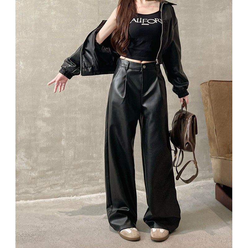 Vintage High-Waist PU Leather Culottes Black regular pants length 98cm