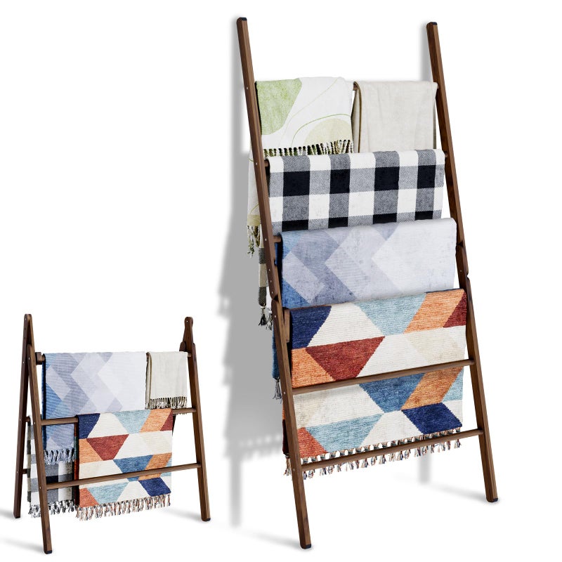 Delywh 6Tier Wide Double Blanket Ladder Wood Rustic Decorative Towel Rack for Big Blanket Towel Quilt Clothes Freestanding Blanket Holder Towel Ladder Decor Stand for Living Room Bedroom Brown