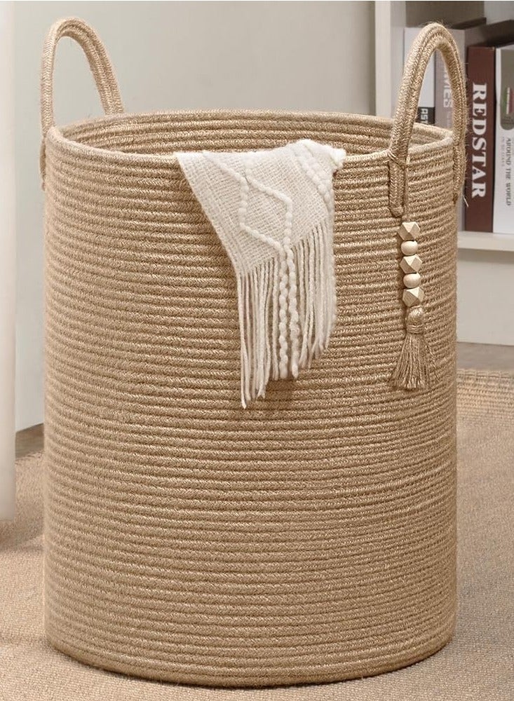 سلة غسيل كبيرة، مقاومة للماء، سلة ملابس متسخة، سلة غسيل قائمة بذاتها، سلة ملابس طويلة قابلة للطي مع مقابض ممتدة لألعاب الملابس في المسكن والعائلة (الجوت، 16 بوصة × 20 بوصة) - Image 1