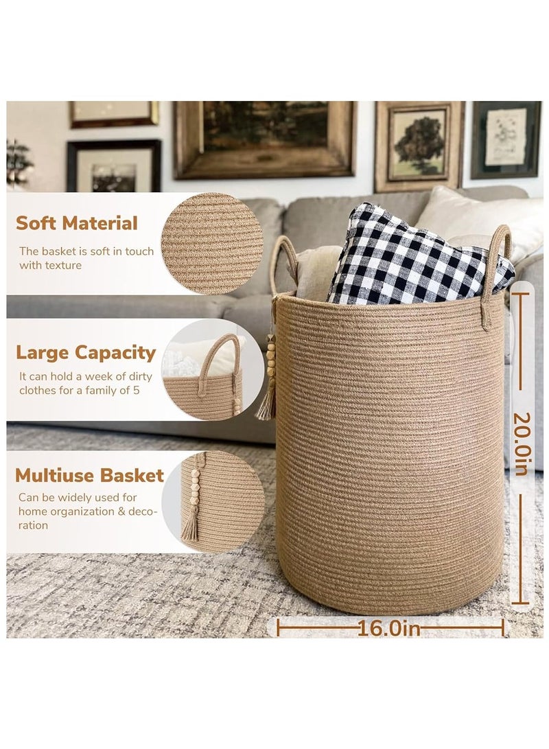 سلة غسيل كبيرة، مقاومة للماء، سلة ملابس متسخة، سلة غسيل قائمة بذاتها، سلة ملابس طويلة قابلة للطي مع مقابض ممتدة لألعاب الملابس في المسكن والعائلة (الجوت، 16 بوصة × 20 بوصة) - Image 2