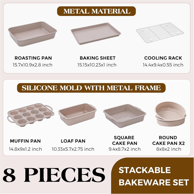 AOTASO 8 Pcs Baking Pans Set, Silicone Bakeware Sets with Metal Reinforced Frame, Nonstick Stackable Carbon Steel Non Toxic Baking Sets for Cooking (Brown) - Image 2