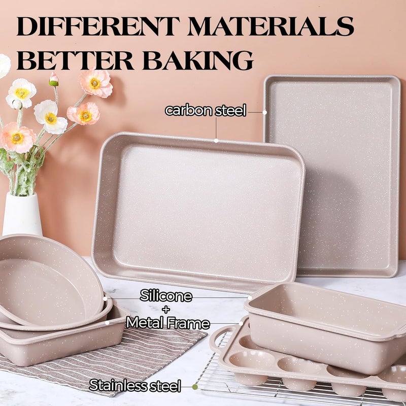 AOTASO 8 Pcs Baking Pans Set, Silicone Bakeware Sets with Metal Reinforced Frame, Nonstick Stackable Carbon Steel Non Toxic Baking Sets for Cooking (Brown) - Image 3