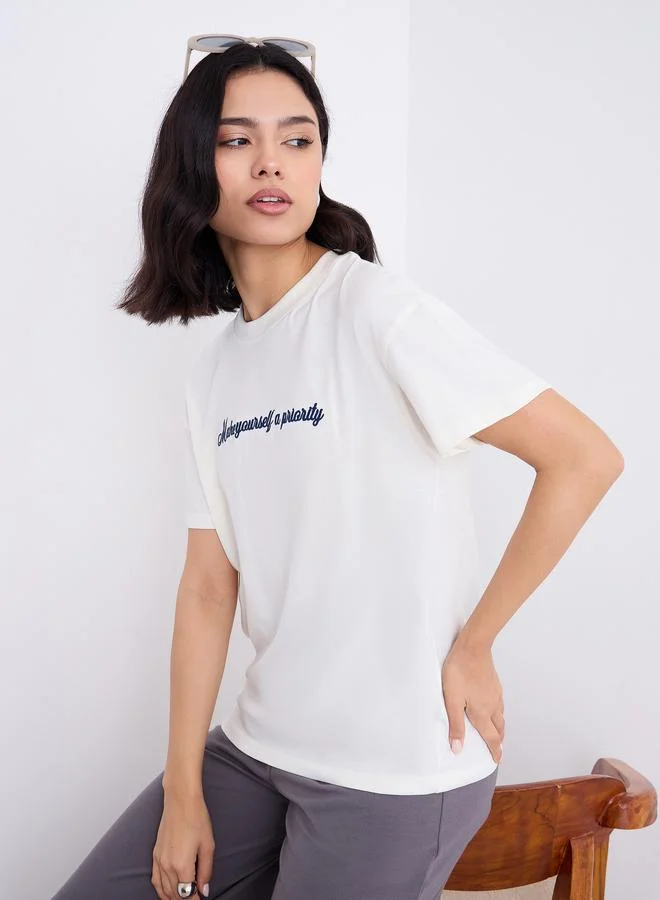 Styli Styli Embroidered Slogan Boxy Fit T-Shirt