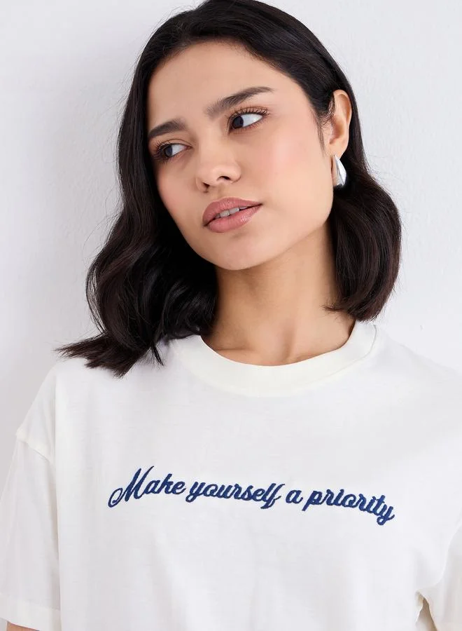 Styli Styli Embroidered Slogan Boxy Fit T-Shirt