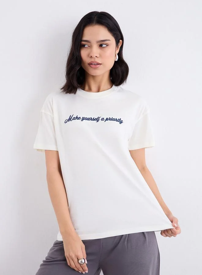 Styli Styli Embroidered Slogan Boxy Fit T-Shirt