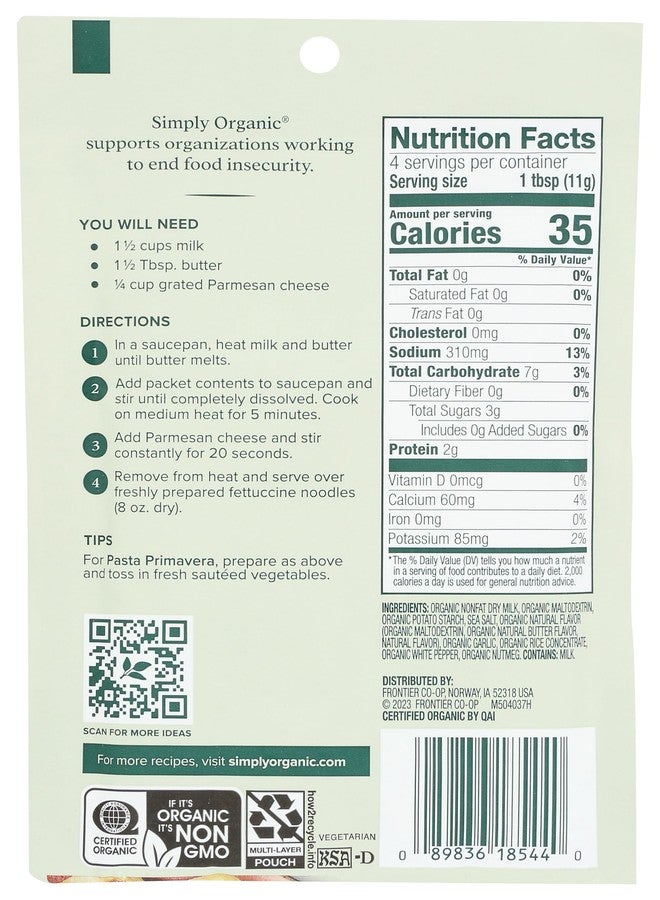 Simply Organic, Pasta Sauce Mix, Alfredo, 1.48 oz - Image 2