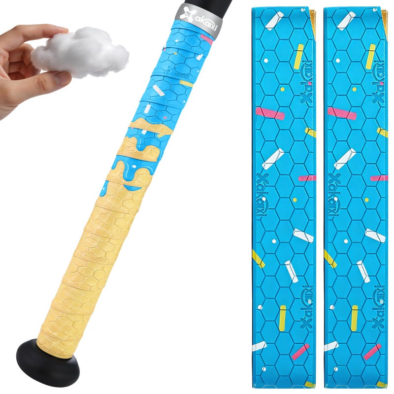 AKAIXI 2pcs Blue Ice Cream Drip Baseball Bat Grip Tapes, 0.5mm Precut Pro Feel Batting Wrap for Baseball Bat Non-Slip Sweat Absorbent for Player Coach Enthusiasts Game and Training - Image 1
