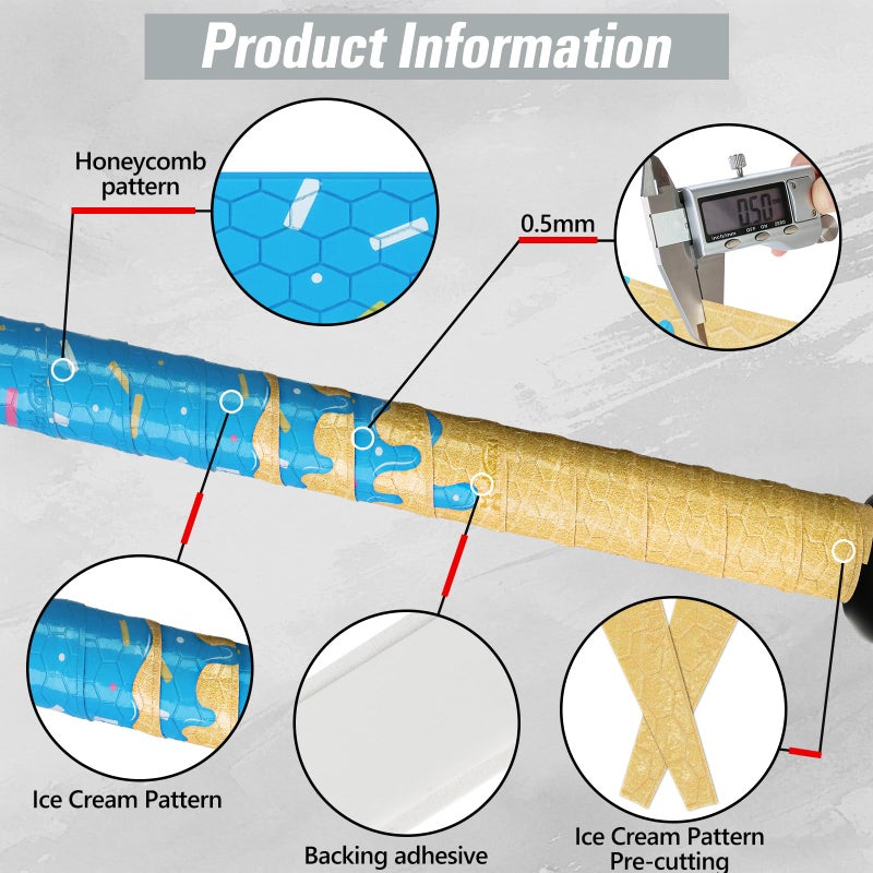 AKAIXI 2pcs Blue Ice Cream Drip Baseball Bat Grip Tapes, 0.5mm Precut Pro Feel Batting Wrap for Baseball Bat Non-Slip Sweat Absorbent for Player Coach Enthusiasts Game and Training - Image 3