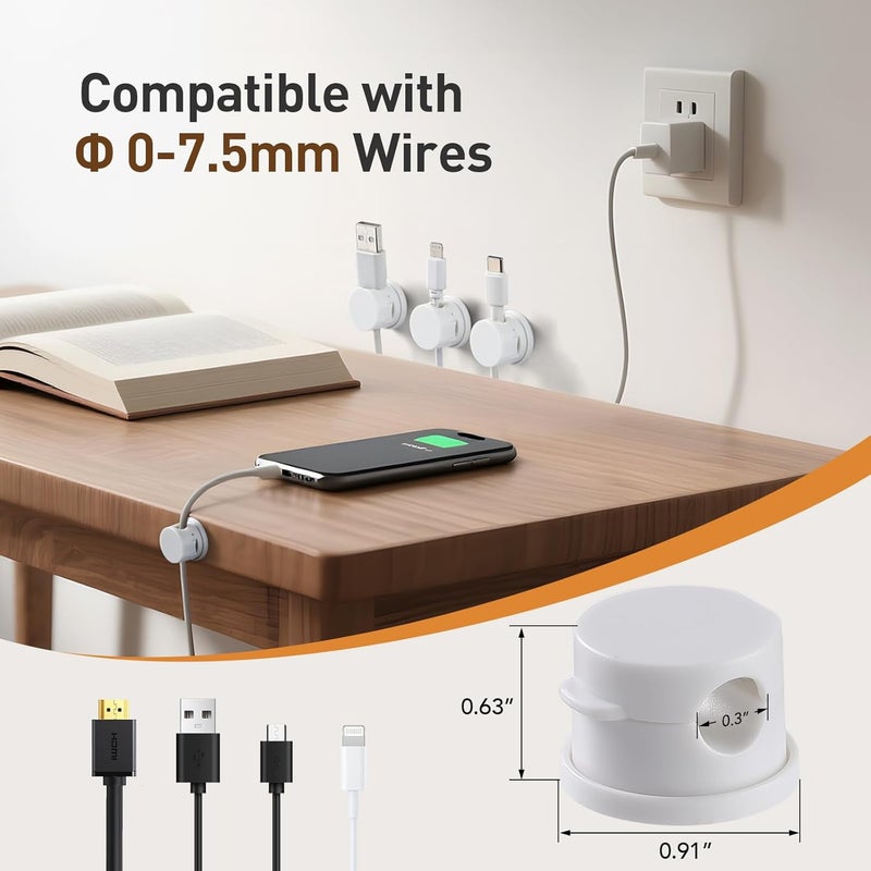 AGPTEK 8 Pack Magnetic Cable Clips, Upgraded 360° Rotatable Cord Holder Clips Desk Cord Organizer Adhesive Wire Management for Nightstand Office Phone Charging Cords USB Cable Keeper (White) - Image 4
