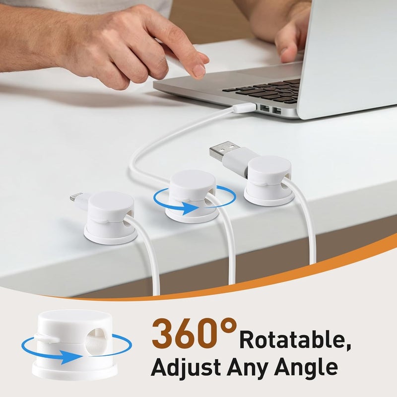 AGPTEK 8 Pack Magnetic Cable Clips, Upgraded 360° Rotatable Cord Holder Clips Desk Cord Organizer Adhesive Wire Management for Nightstand Office Phone Charging Cords USB Cable Keeper (White) - Image 2