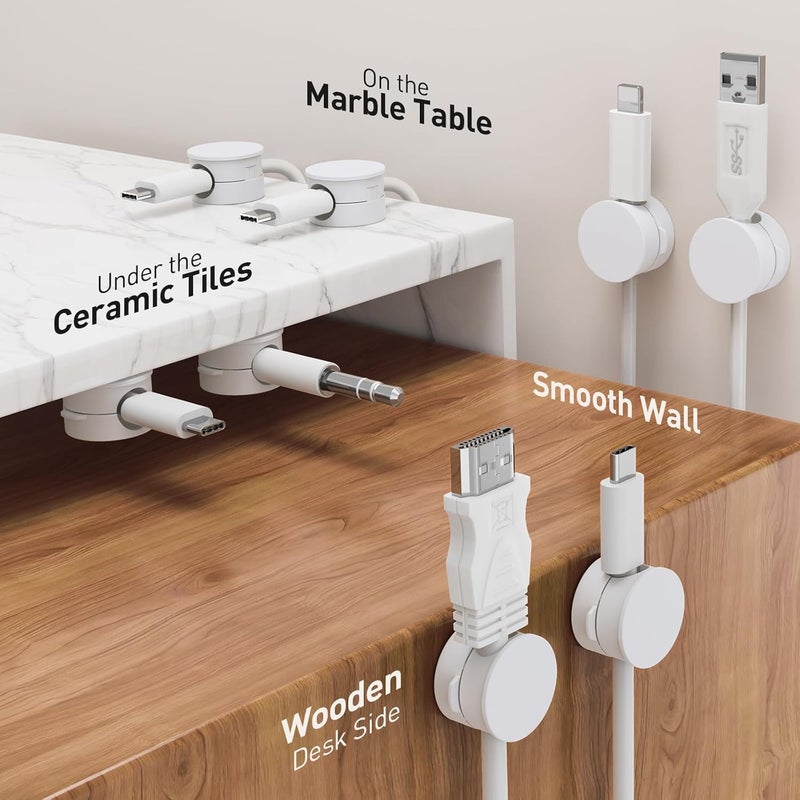 AGPTEK 8 Pack Magnetic Cable Clips, Upgraded 360° Rotatable Cord Holder Clips Desk Cord Organizer Adhesive Wire Management for Nightstand Office Phone Charging Cords USB Cable Keeper (White) - Image 5