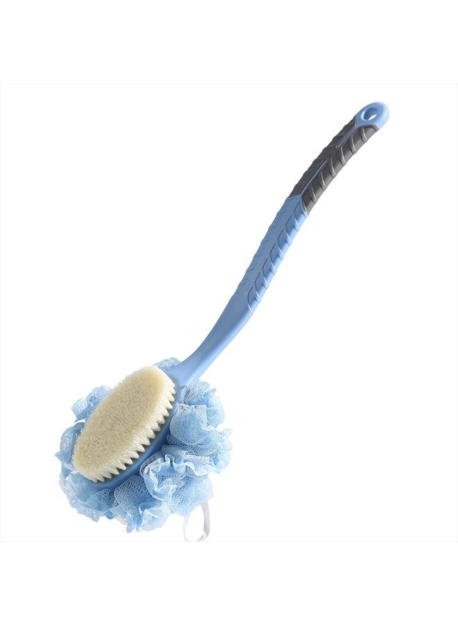 HONOMA [2nd Generation] Shower Body Brush with Bristles and Loofah,Back Scrubber Bath Mesh Sponge with Curved 16" Long Non-Slip Handle Skin Exfoliating Massage Suitable for Men and Women (Blue) - Image 1