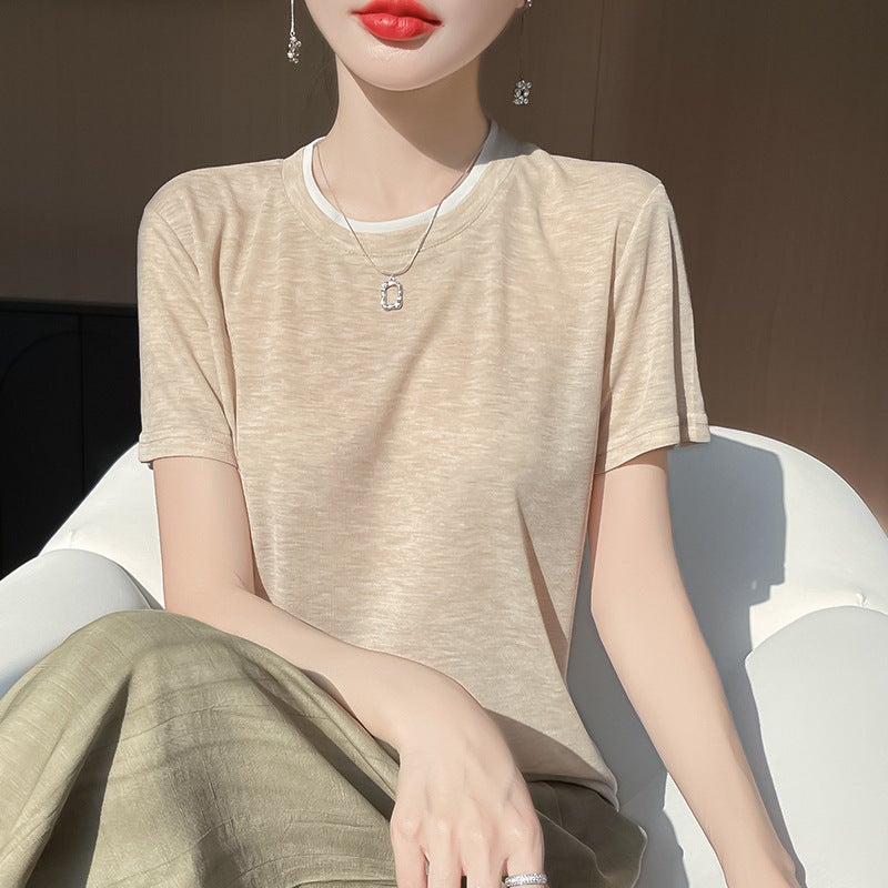 Cross-border wholesale summer new thin worsted knitted short sleeve T-shirt women's round neck loose color matching base shirt half sleeve - Image 1