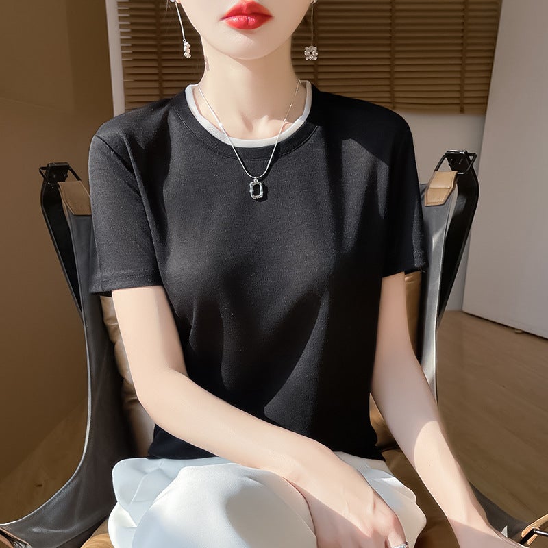 Cross-border wholesale summer new thin worsted knitted short sleeve T-shirt women's round neck loose color matching base shirt half sleeve - Image 4