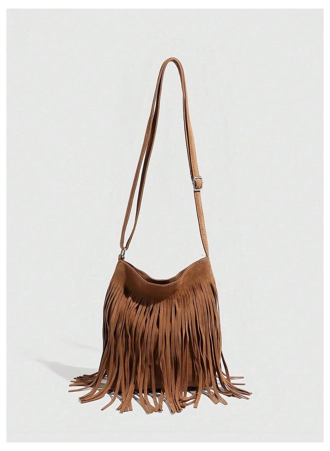 MakeMeChic Women's Faux Suede Crossbody Bag Fringe Adjustable Strap Vintage Handbag Brown One Size - Image 5