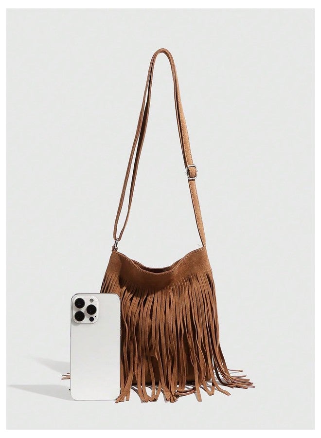 MakeMeChic Women's Faux Suede Crossbody Bag Fringe Adjustable Strap Vintage Handbag Brown One Size - Image 3