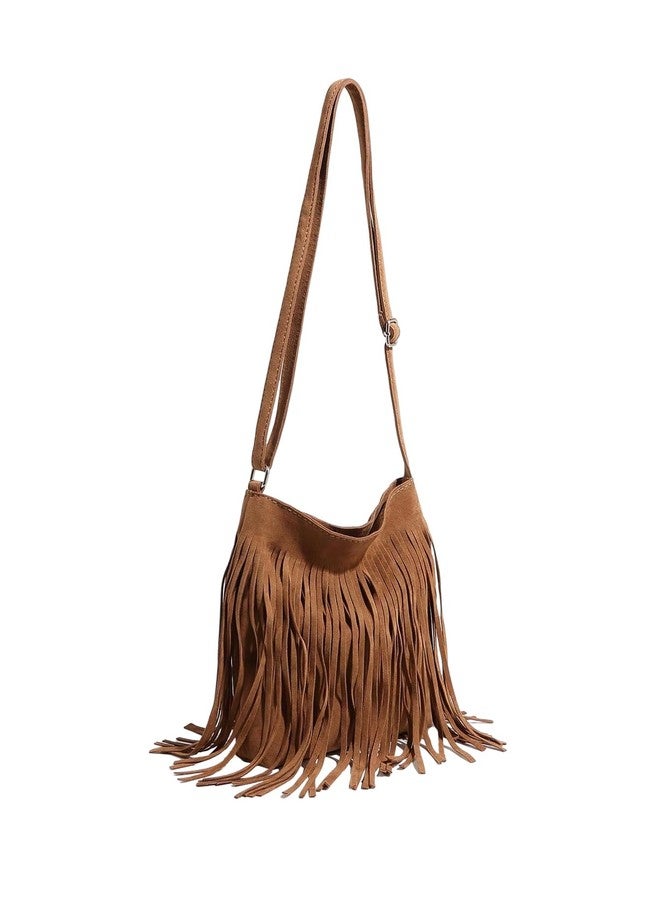 MakeMeChic Women's Faux Suede Crossbody Bag Fringe Adjustable Strap Vintage Handbag Brown One Size - Image 1