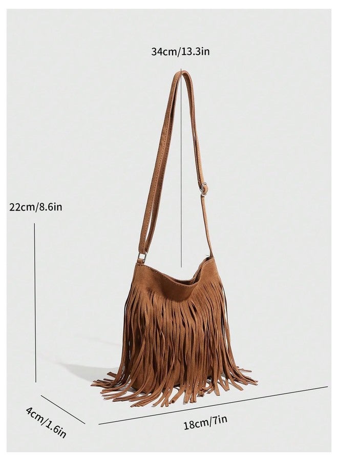 MakeMeChic Women's Faux Suede Crossbody Bag Fringe Adjustable Strap Vintage Handbag Brown One Size - Image 2