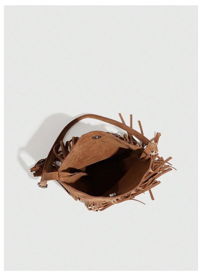 MakeMeChic Women's Faux Suede Crossbody Bag Fringe Adjustable Strap Vintage Handbag Brown One Size - Image 4