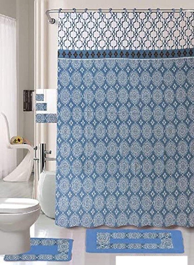 WPM 18 Piece Bath Rug Set Sky Blue Medallion Print Bathroom Rugs Shower Curtain/Rings and Towels Sets-Medallion Blue