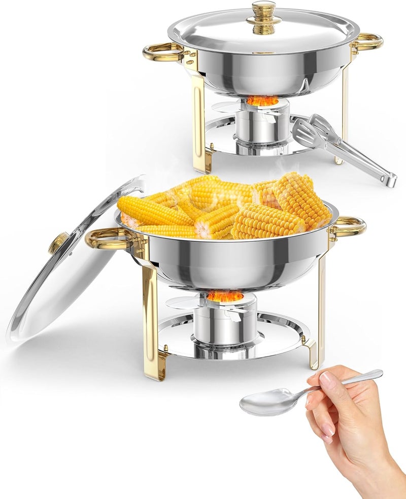Takywep 5QT 2 Packs Chafing Dish Buffet Set, NSF Round Stainless Steel Chafers and Warmers Food Servers Sets with Lid & Lid Holder, Spoon & Tweezer for Catering Events Parties Weddings Dinners, Gold - Image 1
