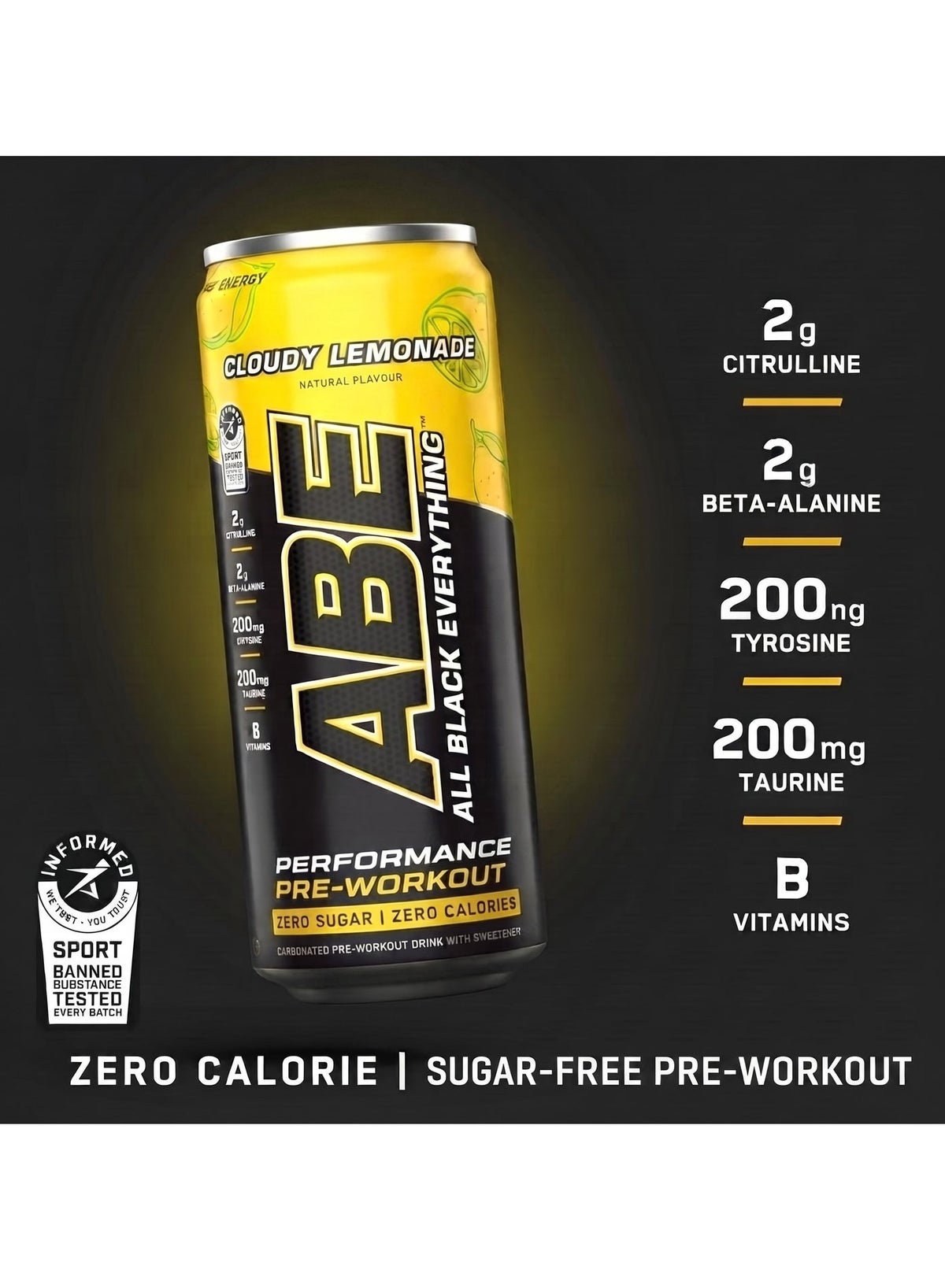 Applied Nutrition ABE Energy Plus Pre-Workout Athletic Drink Food Supplement Cloudy Lemonade Flavour 330ml Pack 12Pcs